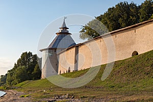 Wall and Varlaam  tower in Pskov Krom Kremlin, Russia