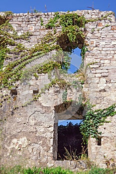 Wall with windows of old ruined house