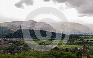 Wallace Monument in the Scottish landscape viewed from Stirling