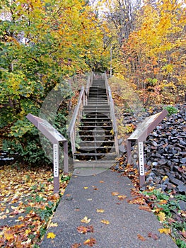 Wallace public stairs during autumn season. Shoshone County, Idaho, USA