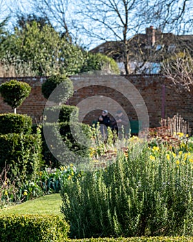 Walled garden at historic Eastcote House in the Borough of Hillingdon, London, UK. At back elederly couple sit on a bench.