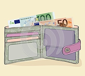 Wallet with 50 and 100 Euro bills