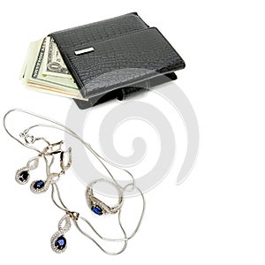 Wallet with american dollars and jewelry set isolated on white background. Collage. Free space for text