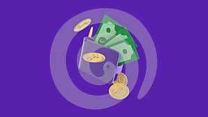 Wallet and banknotes with coins going around icon, Money saving concept. 3d illustration