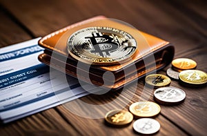 Wallet, bitcoin coins, dollars. Cryptocurrency wallet, saving and investment concept. Wallet with different crypto coins