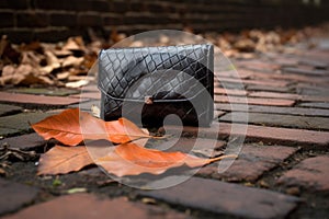 wallet on a brick pathway, with a fallen leaf on top