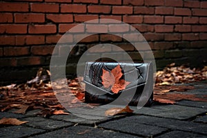 wallet on a brick pathway, with a fallen leaf on top