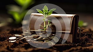 Wallet and coins and green sprout. A symbol of profit growth. Good investment. Generative AI