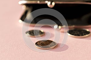 Wallet with coins on a light background. Close up. Selective focus. The concept of poverty