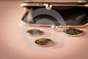 Wallet with coins on a light background. Close up. Selective focus. The concept of poverty