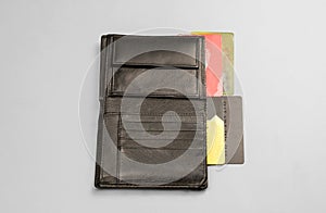 Wallet with credit bank cards on a gray background