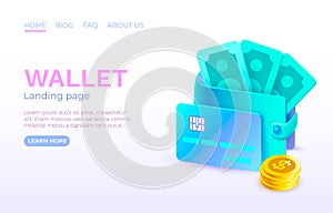 Wallet Credit card cash pay, bank purchase payment. landing page banner. Vector