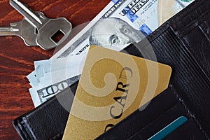A wallet with credit cards, cash and keys.