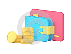 Wallet with credit debit card and golden coin cash money financial budget 3d icon realistic vector