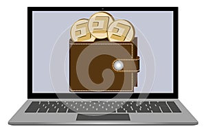 Wallet with dash coins on a laptop screen