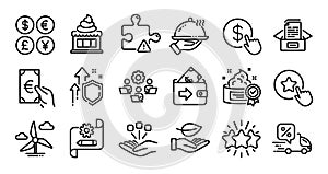 Wallet, Delivery discount and Buy currency line icons set. Vector