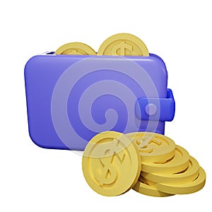 Wallet with dollar coin gold money icon 3D rendering set