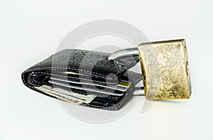 Wallet with dollars and cards padlocked