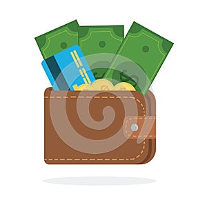 Wallet with dollars and credit card with coins vector illustration