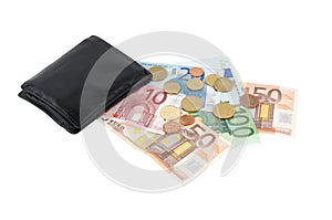 Wallet with euro notes and coins