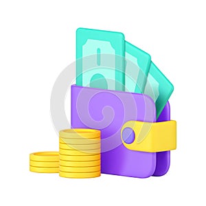 Wallet full of cash money dollar golden coin richness financial budget 3d icon realistic vector photo
