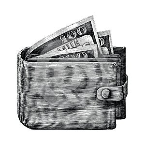 Wallet with full money hand draw vintage engraving isoleted on white background