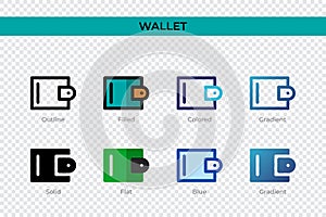 Wallet icon in different style. Wallet vector icons designed in outline, solid, colored, filled, gradient, and flat style. Symbol