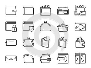 Wallet icon set. Included the icons as purse, money, bag, finance, e-wallet and more.