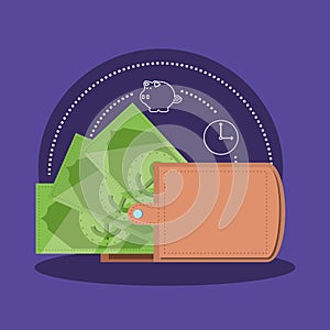 Wallet money with bill dollar isolated icon