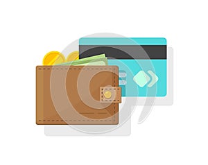 Wallet with money and credit or debit card vector illustration, flat cartoon idea of electronic or digital wallet with