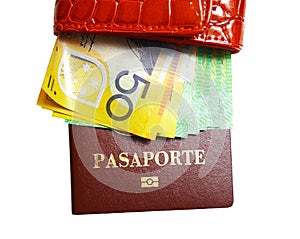 Wallet with money and passport on isolated white