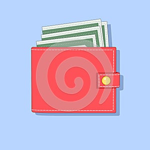 Wallet with money, red purse and cash on a blue background, flat design