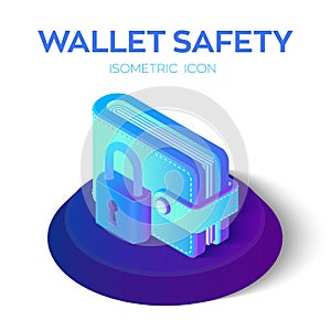 Wallet with padlock Icon. 3D Isometric Protect Wallet Icon. Private secure. Protect Savings, Safety, Economy Concept. Financial