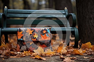 wallet on a park bench, autumn leaves scattered around