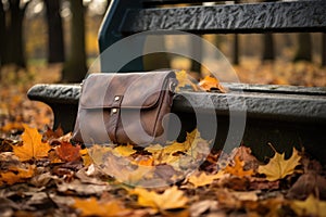 wallet on a park bench, autumn leaves scattered around