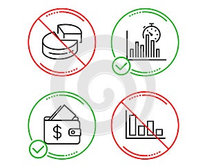 Wallet, Pie chart and Report timer icons set. Histogram sign. Affordability, 3d graph, Growth chart. Vector