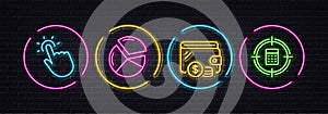 Wallet, Pie chart and Touchpoint minimal line icons. For web application, printing. Neon laser 3d lights. Vector