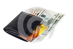 Wallet with Russian rubles and bank card.