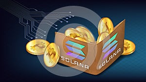 Wallet with Solana blockchain support concept with PCB tracks. Isometric wallet full of Bitcoin BTC golden coins and logo Solana