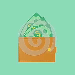Wallet and stack money vector illustration, banknote sign earning and prosperity symbol