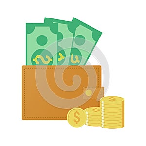 Wallet and stack money vector illustration, banknote sign earning and prosperity symbol