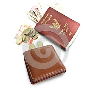 Wallet,Thailand passport ,Thai banknote and coin