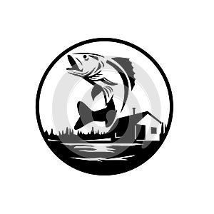 Walleye Fish Jumping on Lake With Lodge Cabin Circle Black and White Retro