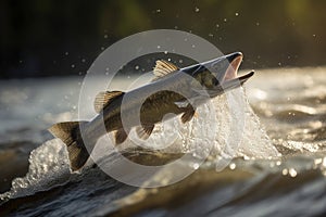 Walleye fish jumping out of river water. Generative AI