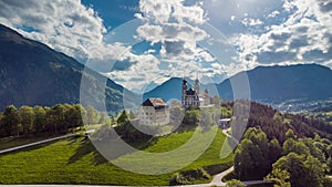 Wallfahrtskirche frauenberg is a beautiful church in the middle of Austria, drone panorama view of a church next to enn river in photo