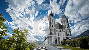 Wallfahrtskirche frauenberg is a beautiful church in the middle of Austria, Frog view of a church next to enn river in central photo