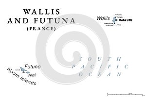 Wallis and Futuna, island collectivity of France, gray political map