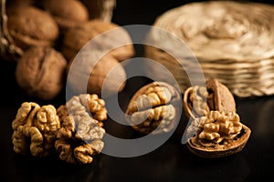 Wallnuts on a table in small baskets