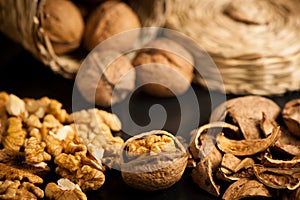 Wallnuts on a table in small baskets