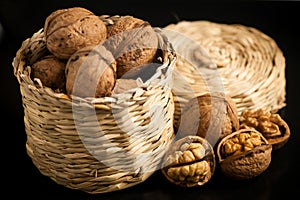 Wallnuts on a table in small baskets